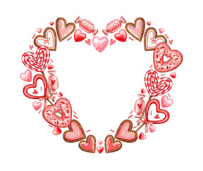Collection of romantic elements: Lollipops and candies, gingerbread, caramel, heart-shaped sweets. Watercolor Valentine's Day set for invitations, cards, prints and designs