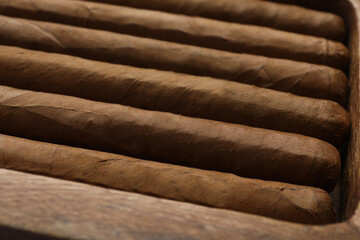 Closeup view of many cigars as background