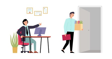 Employee dismissal. Business boss and jobless man, leave work place. Manager in stress, team leader dismiss professional, decent vector scene