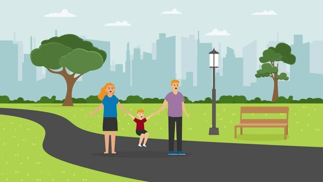 Happy family walking together at the park