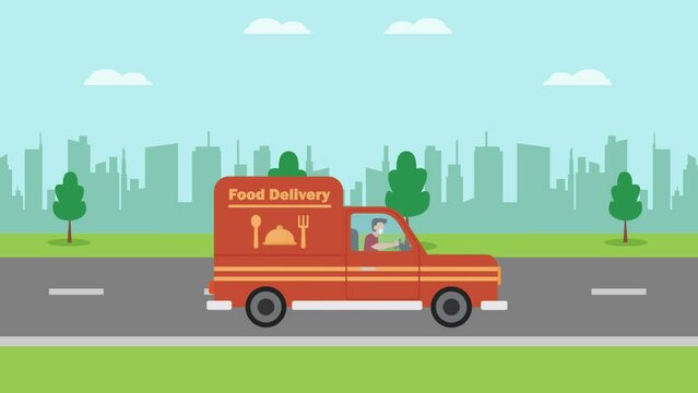 Male courier doing food delivery while drive a van