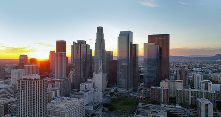 Los Angels downtown skyline, panoramic city skyscrapers, downtown skyline at sunset.
