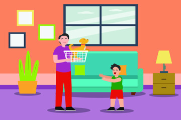 animal adoption vector concept. Young man adopting a dog for his son while standing together at home