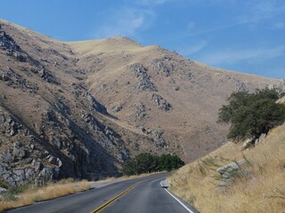 Rocky mountains flanking the Kern River at Kern Canyon Road or Callifornia Highway Route 178, one of the scenic but dangerous drives in California.