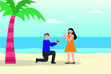 Dating vector concept. Young man kneeling on the beach while proposes his girlfriend with ring