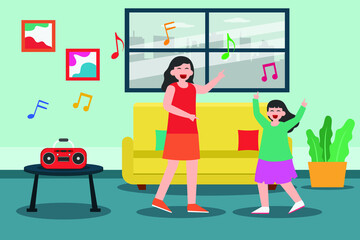 Quality time vector concept. Young woman and her daughter dancing together while listening music from the radio and standing at the home