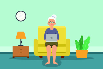 Leisure time vector concept. Old woman enjoying leisure time while using a laptop computer on the sofa