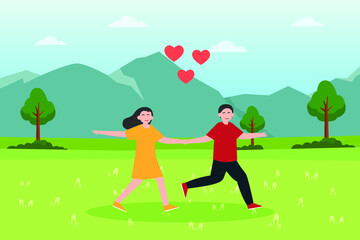 Dating vector concept. Romantic couple holding hands each other while running together on the meadow with mountain background