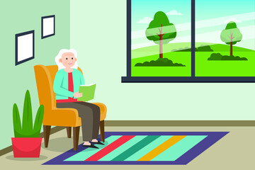Leisure time vector concept. Senior woman enjoying leisure time while reading the book on the armchair near the window at home