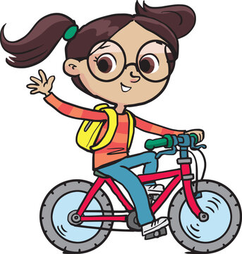cheerful girl rides a bicycle and waves