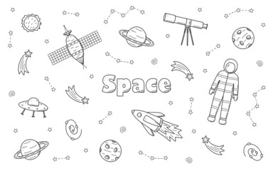 Cosmos doodle is a set of vector illustrations. Icons of space elements rocket cosmonaut stars satellite telescope comet.
