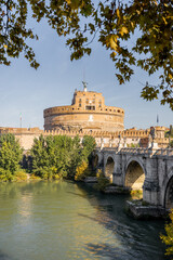 Landscape of Tiber river and Castle of the Holy Angel in Rome on sunny autumn day. Traveling Italy...