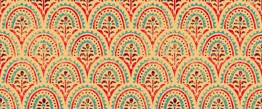 Seamless wavy pattern. Seigaiha print in native style. Grunge texture. Ethnic and tribal motifs. Vector illustration.