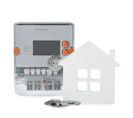 Electricity meter, house model and coins on white background