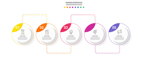 Fototapeta premium Vector line infographics with 5 circles. Business concept graphic process template with five steps. Graphic timeline for app, website, interface, chart, levels, web, diagram, banner, presentations