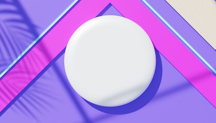 3d render top view of white blank cylinder frame for mock up and display products with shadows of palm leaves, earth tone, and pastel wall background. Creative idea concept. Widow shadow.