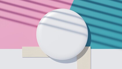 3d render top view of white blank cylinder frame for mock up and display products with shadows of palm leaves, earth tone, and pastel wall background. Creative idea concept. Widow shadow.