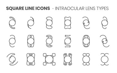 Intraocular lens types related, pixel perfect, editable stroke, up scalable square line vector icon set.