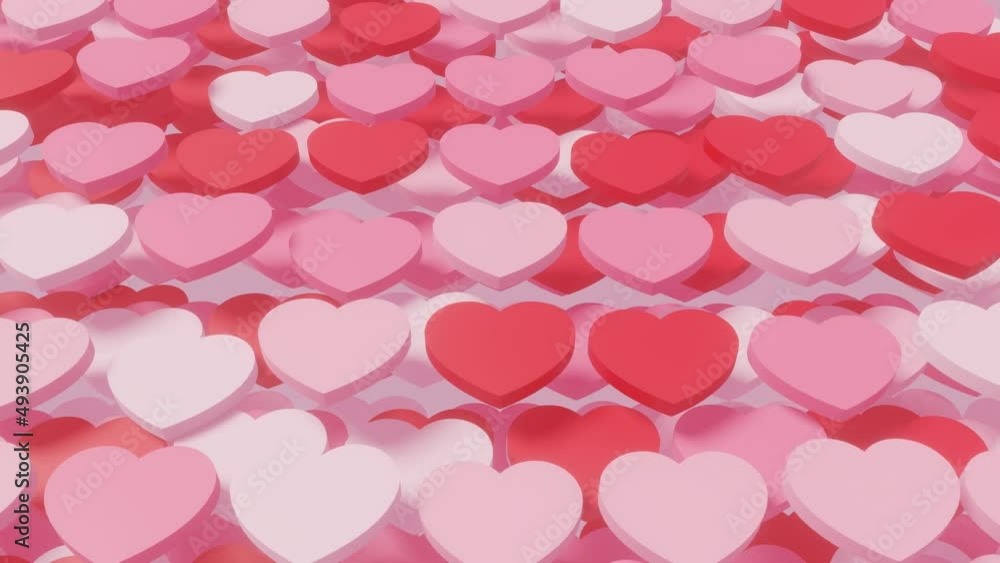 Poster red and pink heart shapes on a white background. 3d render seamless loop animated background. valent