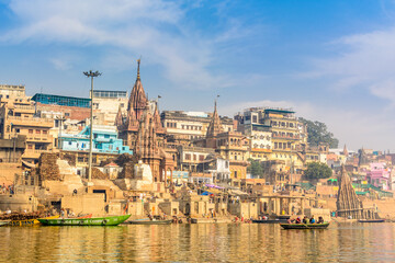 Morning view at holy ghats of Varanasi, India