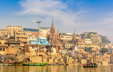 Morning view at holy ghats of Varanasi, India