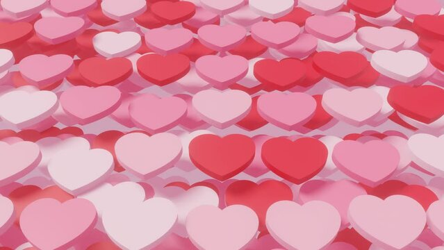 Red and pink heart shapes on a white background. 3d render seamless loop animated background. Valentines day romantic background holiday concept