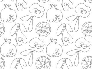 Continuous one line drawing fruit seamles pattern. Abstract hand drawn fruits by one line. Minimalist black line sketch. Fashionable trend vector for wallpaper, textile, packaging, wrapping paper.