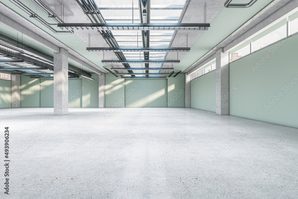Poster clean spacious concrete warehouse garage interior. space and design concept. 3d rendering.
