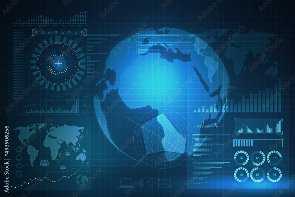 Poster Abstract digital business interface background with globe. Interface, chart and hud concept. 3D Rendering.