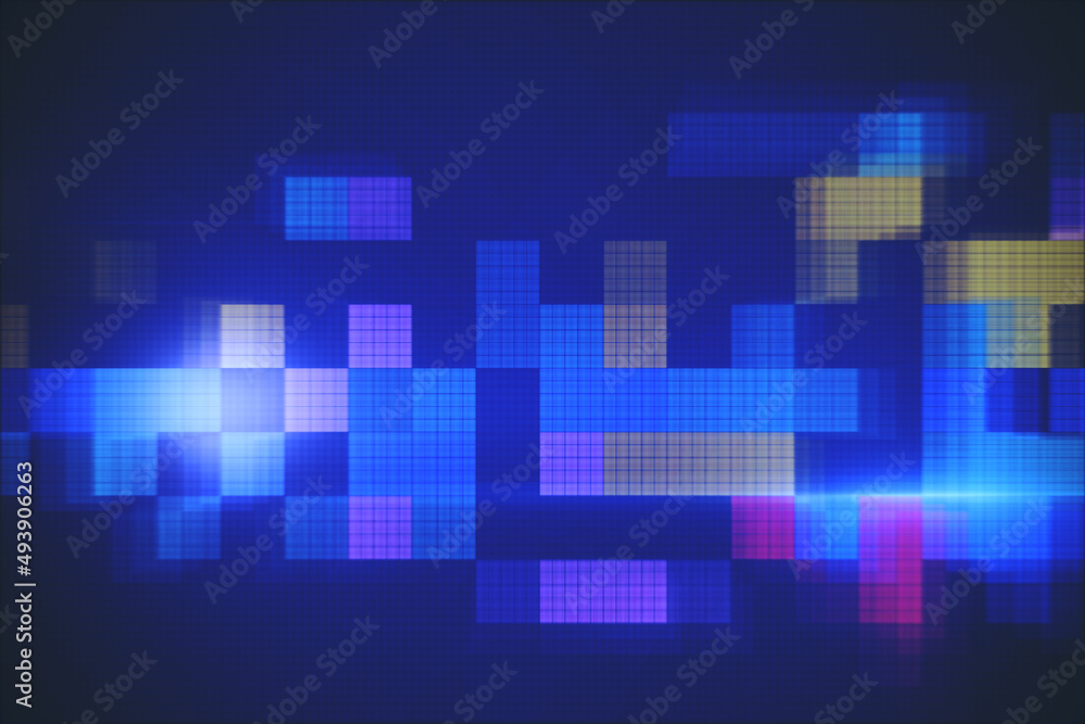 Poster Abstract colorful blurry pixel blocks background. Bg and technology, digital world concept. 3D Rendering.