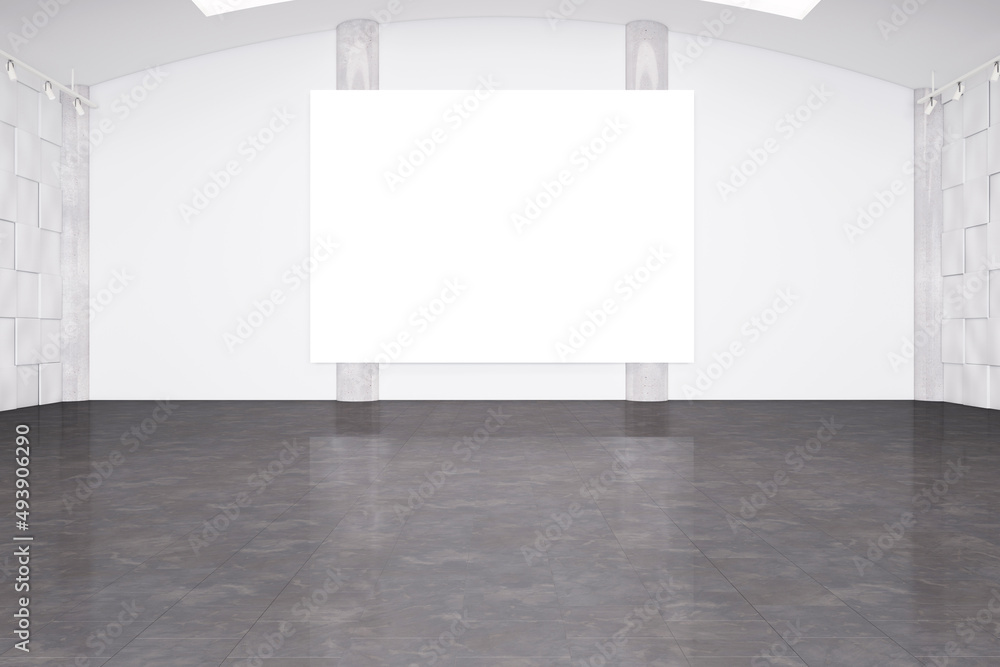 Poster modern spacious white hangar interior with blank mock up poster on wall. space and design concept. 3