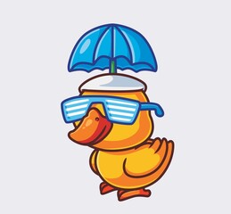 cute yellow duck summer vacation with umbrella and glasses. isolated cartoon animal nature illustration. Flat Style suitable for Sticker Icon Design Premium Logo vector. Mascot Character