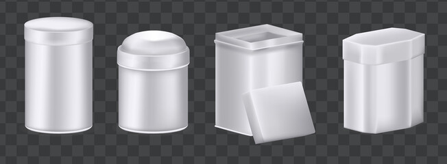 Realistic metal box mockup set. Aluminum containers boxes different shapes