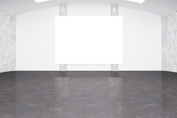 Modern spacious white hangar interior with blank mock up poster on wall. Space and design concept. 3D Rendering.