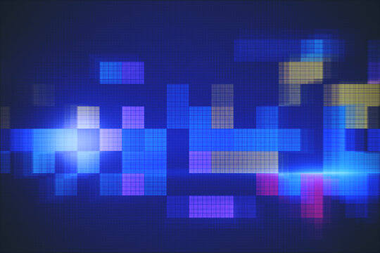 Abstract colorful blurry pixel blocks background. Bg and technology, digital world concept. 3D Rendering.
