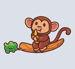 cute monkey eating banana fruit on tree. isolated cartoon animal nature illustration. Flat Style suitable for Sticker Icon Design Premium Logo vector. Mascot Character