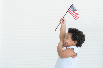 Adorable African American chubby kid girl smiling standing and holding small USA flags in hand at...