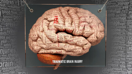 Traumatic brain injury anatomy - its causes and effects projected on a human brain revealing Traumatic brain injury complexity and relation to human mind. Concept art, 3d illustration