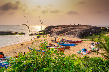 fishning boats at the rocky beach of Someshwar, Mangalore, Karnataka, India