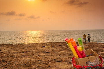 Beautiful Bike Silhouette, Beach sunset in the rocky beach of Someshwar, Mangalore, Karnataka, India