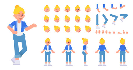 Cheerful woman, young lady creation kit. Create your own action, pose, animation. Modern vector illustration
