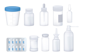 Pharmacy pharmaceutical set of empty, transparent 3D packaging for medicines.