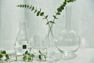 Natural drug research, Plant extraction in scientific laboratory glassware for cosmetic,...