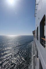 View from Bridge over Bow of legendary Cunard luxury ocean liner Queen Mary 2 cruise ship QM2 on...