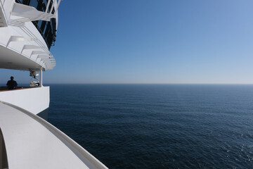 View from Bridge over Bow of legendary Cunard luxury ocean liner Queen Mary 2 cruise ship QM2 on...