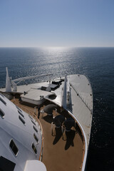View from Bridge over Bow of legendary Cunard luxury ocean liner Queen Mary 2 cruise ship QM2 on...