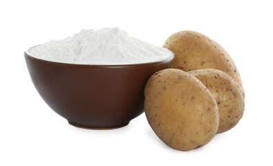 Bowl with starch and fresh potatoes on white background