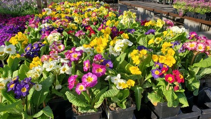 Assorted colors of  blooming supernova primroses in pots, wide shot