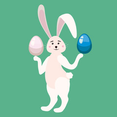 Cute Bunny Easter holding eggs. Cartoon funny Easter Rabbit, illustration