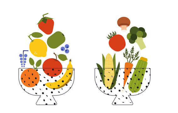 Set of vegetables and fruits in a plate. Organic food flat illustration. Geometric vector image concept of healthy eating